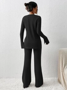 SHEIN Essnce Ribbed Knit Split Hem Tee & Flare Leg Trousers - Black - View 2