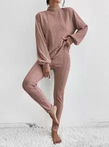 SHEIN Essnce Mock Neck Rib Knit Drop Shoulder Tee & Tie Front Pants