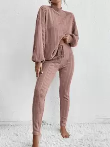 SHEIN Essnce Mock Neck Rib Knit Drop Shoulder Tee & Tie Front Pants