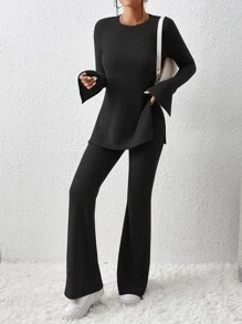 SHEIN Essnce Ribbed Knit Split Hem Tee & Flare Leg Trousers - Black - View 4