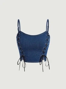SHEIN MOD Lace Up Front Cami Denim Top - Dark Wash - View 1