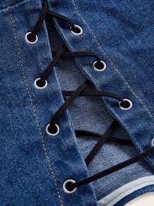 SHEIN MOD Lace Up Front Cami Denim Top - Dark Wash - View 3