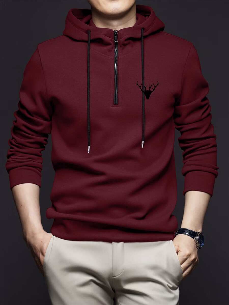 Manfinity Homme Hombres Capucha ciervo con bordado cremallera cuarta con cordón - Burdeos - Ver 1