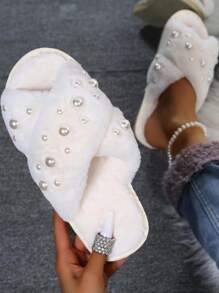 Faux Pearl Decor Fluffy Slippers - White - View 1