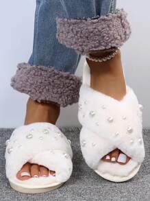 Faux Pearl Decor Fluffy Slippers - White - View 2