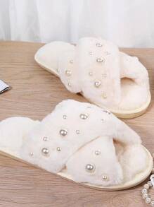 Faux Pearl Decor Fluffy Slippers - White - View 3
