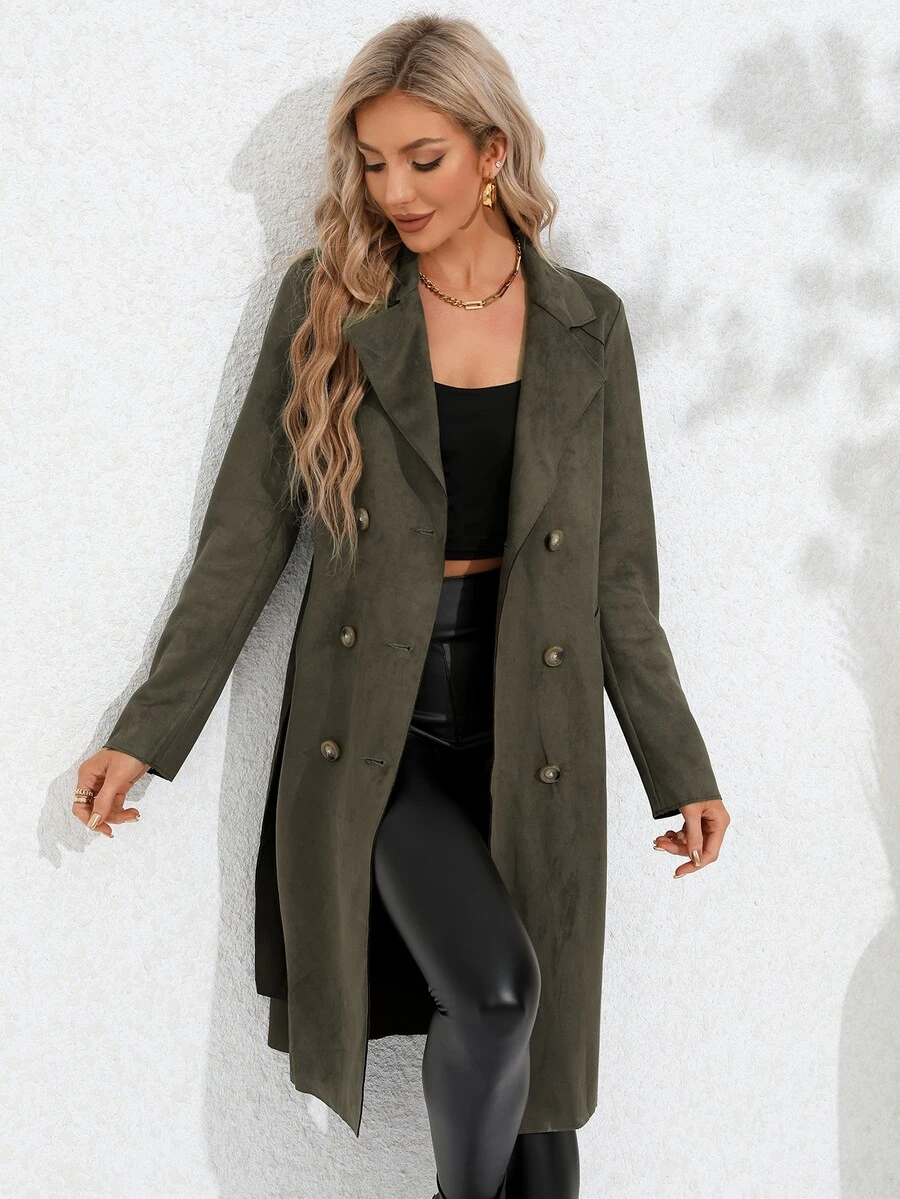 西裝領雙排釦腰帶仿麂皮風衣外套