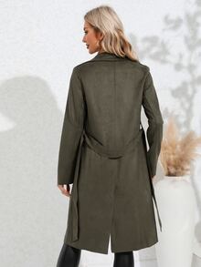 西裝領雙排釦腰帶仿麂皮風衣外套