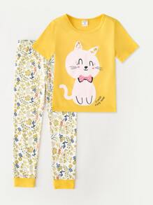 Toddler Girls Ditsy Floral & Cartoon Graphic Snug Fit PJ Set - Multicolor - View 1