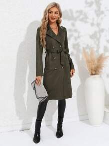 西裝領雙排釦腰帶仿麂皮風衣外套