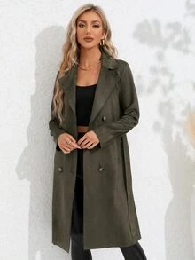 西裝領雙排釦腰帶仿麂皮風衣外套