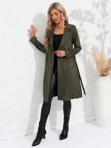 西裝領雙排釦腰帶仿麂皮風衣外套