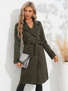 西裝領雙排釦腰帶仿麂皮風衣外套