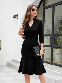 HOMEYEE Vestido ajustado unicolor de cuello notch - Negro - Ver 1