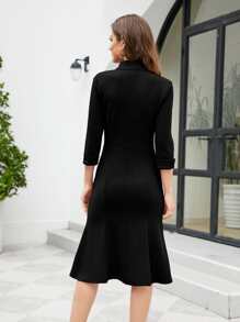 HOMEYEE Vestido ajustado unicolor de cuello notch - Negro - Ver 2