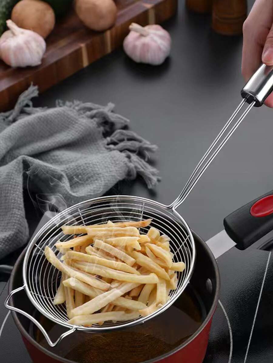 1 colador de acero inoxidable, cuchara de drenaje de cocina, colador de malla con mango largo para cocina - Plateado - Ver 1