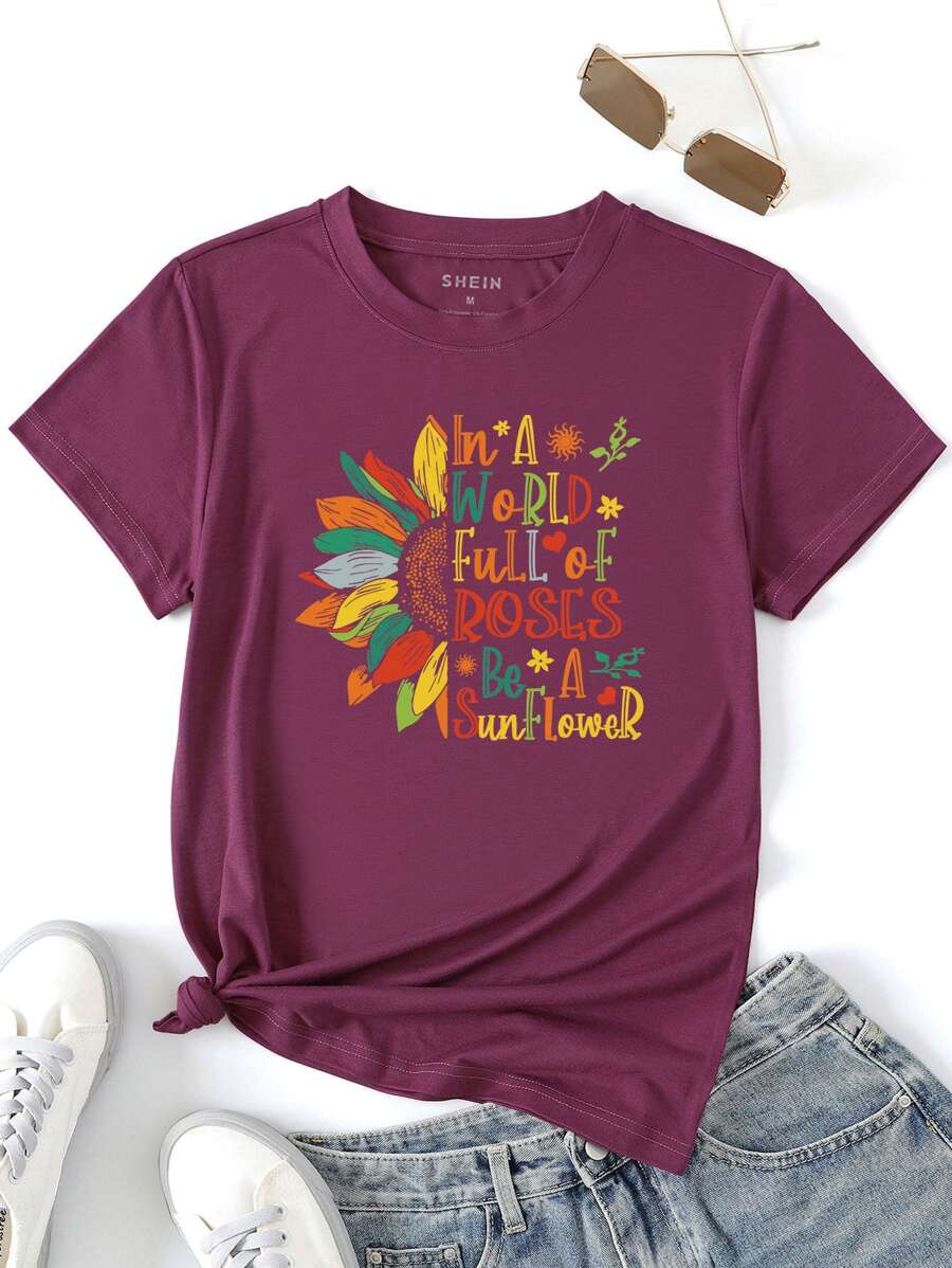 SHEIN LUNE Slogan And Floral Graphic Tee - Red Violet - View 1