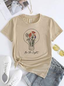 SHEIN LUNE Floral And Slogan Graphic Tee - Apricot - View 1