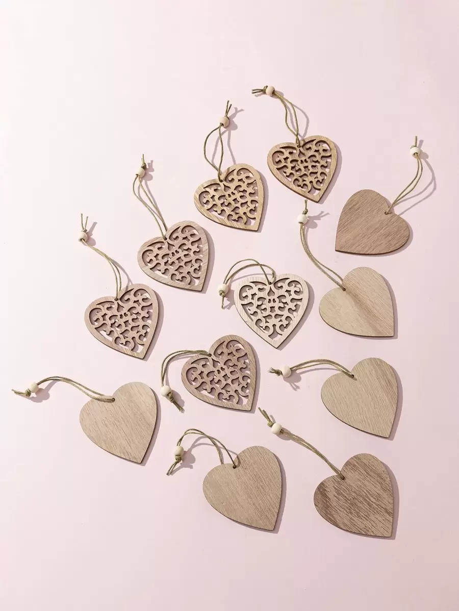 12入組心形木頭掛飾 - 杏色 - 查看 1