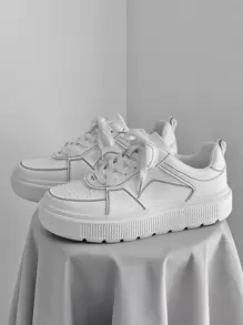 Women Minimalist Lace Up Front Skate Shoes, Sporty White Non-Slip Breathable Sneakers - White - View 1