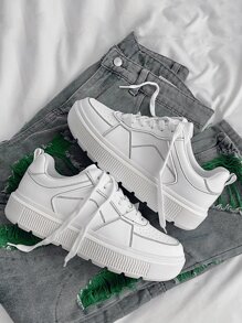 Women Minimalist Lace Up Front Skate Shoes, Sporty White Non-Slip Breathable Sneakers - White - View 2