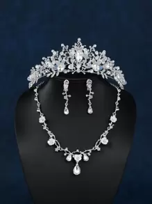 4 Piezas Conjunto Elegante De Adorno De Rhinestone En Forma De Gota De Agua Para Novias Para La Cabeza Y Joyería - Plateado - Ver 1