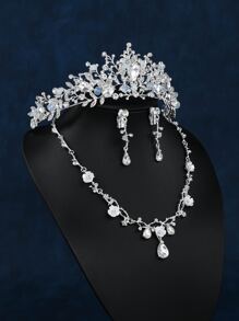 4 Piezas Conjunto Elegante De Adorno De Rhinestone En Forma De Gota De Agua Para Novias Para La Cabeza Y Joyería - Plateado - Ver 2