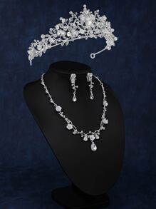 4 Piezas Conjunto Elegante De Adorno De Rhinestone En Forma De Gota De Agua Para Novias Para La Cabeza Y Joyería - Plateado - Ver 4