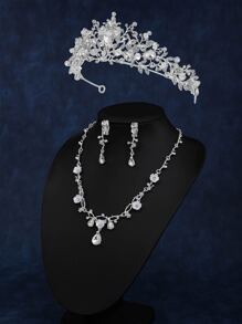 4 Piezas Conjunto Elegante De Adorno De Rhinestone En Forma De Gota De Agua Para Novias Para La Cabeza Y Joyería - Plateado - Ver 5