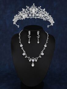 4 Piezas Conjunto Elegante De Adorno De Rhinestone En Forma De Gota De Agua Para Novias Para La Cabeza Y Joyería - Plateado - Ver 6