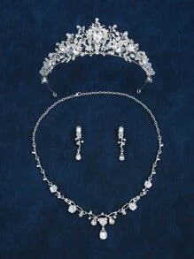 4 Piezas Conjunto Elegante De Adorno De Rhinestone En Forma De Gota De Agua Para Novias Para La Cabeza Y Joyería - Plateado - Ver 7