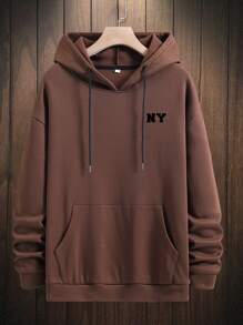 Manfinity Homme Men Letter Graphic Kangaroo Pocket Drop Shoulder Drawstring Hoodie - Coffee Brown - View 6