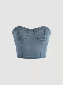 SHEIN MOD 緊身上衣抹胸牛仔上衣 - 淺色水洗藍 - 查看 1