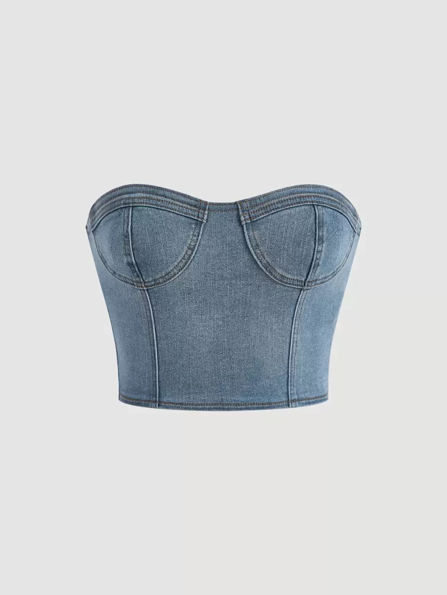 SHEIN MOD 緊身上衣抹胸牛仔上衣 - 淺色水洗藍 - 查看 1