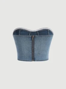 SHEIN MOD 緊身上衣抹胸牛仔上衣 - 淺色水洗藍 - 查看 2