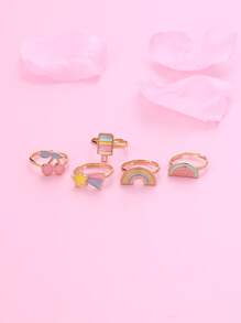 5pcs/set Girls' Rainbow Watermelon Cherry Zinc Alloy Colorful Oil Drop Shaped Cute Rings In Plastic Box, Suitable For Daily Wear - Multicolor - View 2