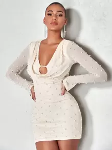 SHEIN BAE Pearls Beaded Cut Out Draped Front Split Cuff Bodycon Dress - Beige - View 5