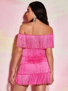 SHEIN BAE 一字肩流蘇邊多層連身褲 - 玫紅色 - 查看 2