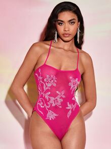 SHEIN BAE Body de tirantes con diamante de imitación con patrón floral de espalda abierta con tira cruzada de malla - Rosa Fucsia - Ver 4