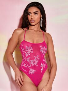 SHEIN BAE Body de tirantes con diamante de imitación con patrón floral de espalda abierta con tira cruzada de malla - Rosa Fucsia - Ver 5
