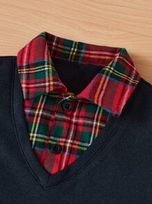 SHEIN 小男童格紋印花POLO衫