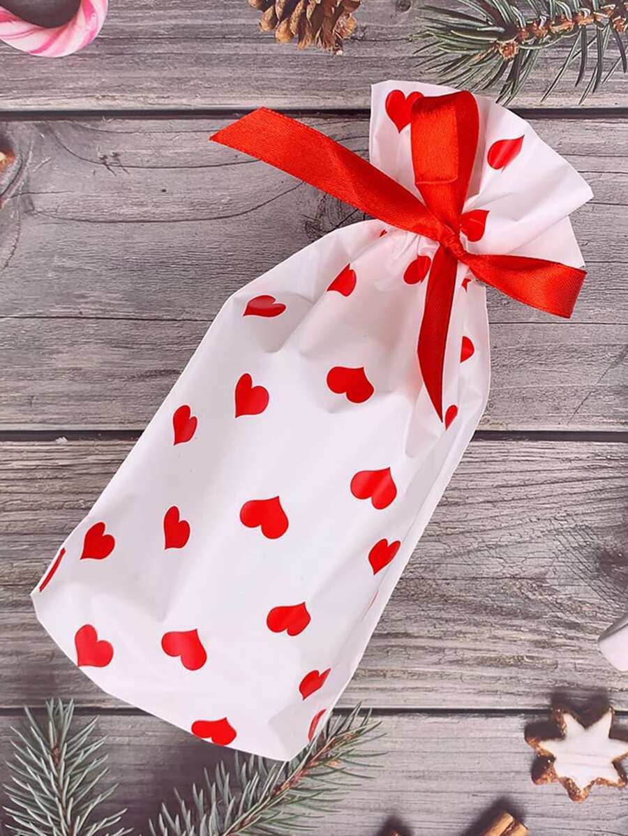 10pcs Heart Print Bow Decor Gift Bag, Romantic Red-and-white Plastic Drawstring Bag For Party - Multicolor - View 1