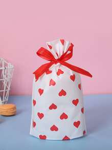 10pcs Heart Print Bow Decor Gift Bag, Romantic Red-and-white Plastic Drawstring Bag For Party - Multicolor - View 2