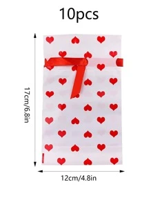 10pcs Heart Print Bow Decor Gift Bag, Romantic Red-and-white Plastic Drawstring Bag For Party - Multicolor - View 3