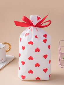 10pcs Heart Print Bow Decor Gift Bag, Romantic Red-and-white Plastic Drawstring Bag For Party - Multicolor - View 4