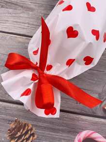 10pcs Heart Print Bow Decor Gift Bag, Romantic Red-and-white Plastic Drawstring Bag For Party - Multicolor - View 5