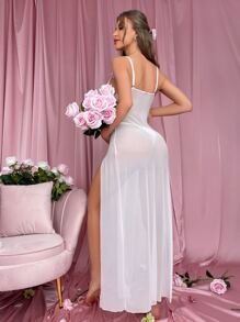 蕾絲拼接網紗吊帶睡裙附丁字褲 - 白色 - 查看 2