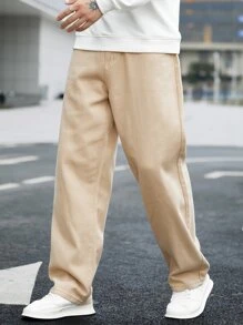 Manfinity Hypemode Jeans Rectos De Color Sólido Para Hombre Con Ajuste Holgado - Caqui - Ver 3