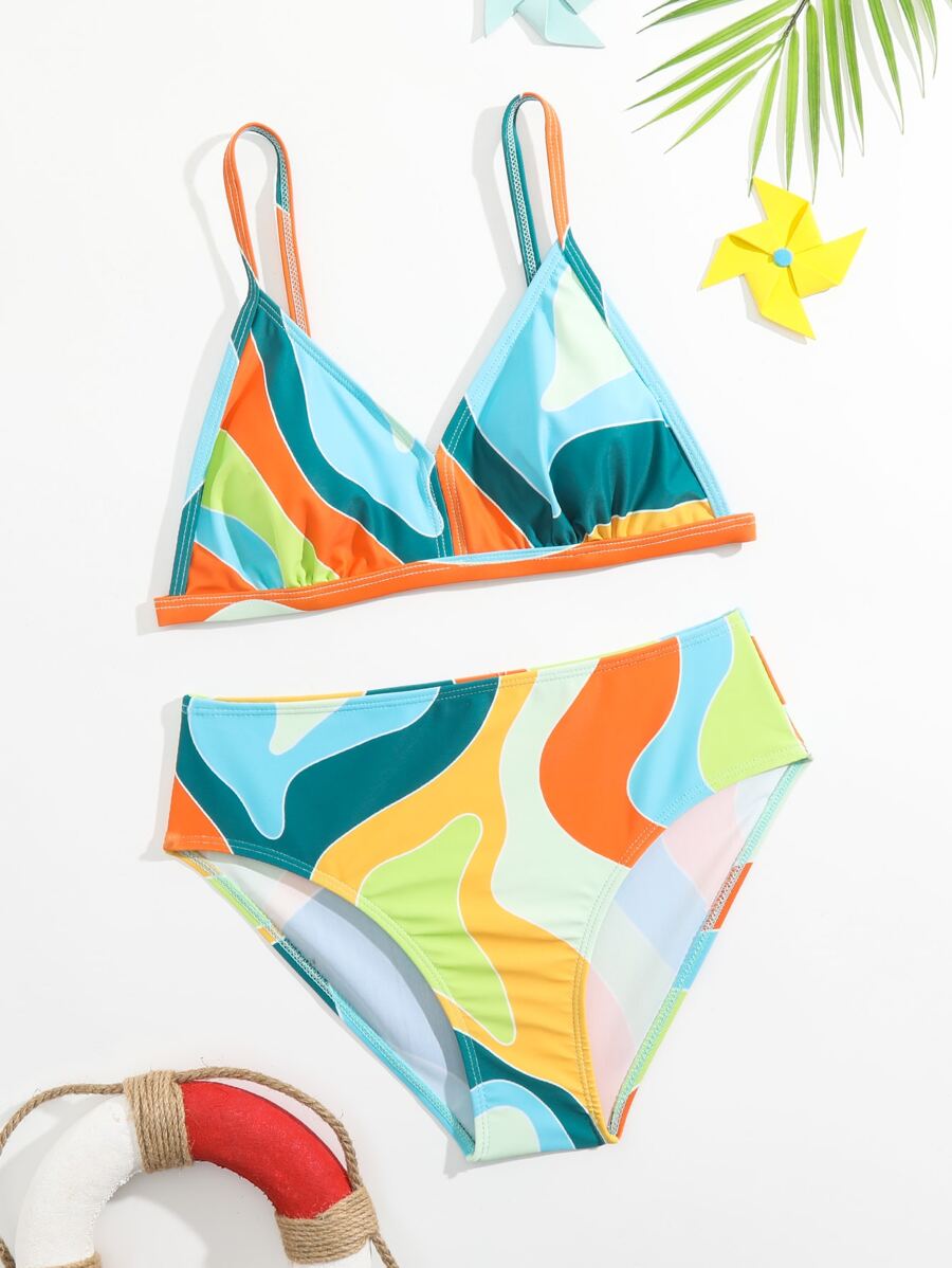 Teen Girls Color Block Bikini Set Summer Beach - Multicolor - View 1