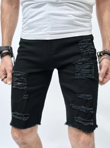 Manfinity Men Ripped Raw Hem Denim Shorts - Black - View 1